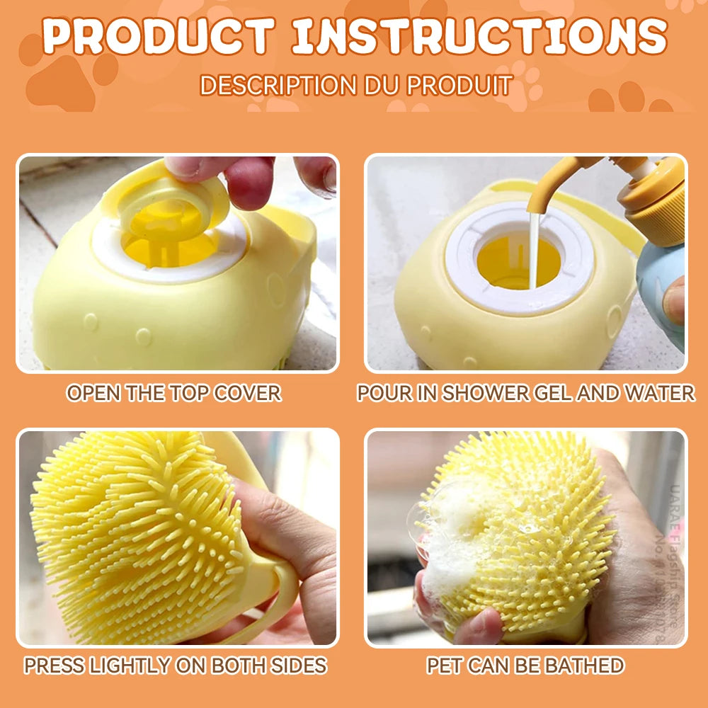 Dog Bathing Brush Pet Massage Brush Shampoo Dispenser Soft Silicone Brush Rubber Bristle for Dogs and Cats Shower Grooming Tool